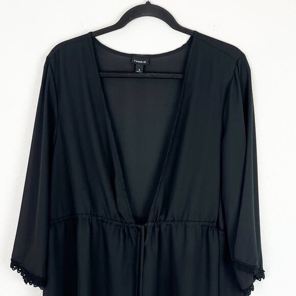 Torrid Top Sheer Black Deep V Drawstring Wide 3/4 Length Sleeve 4X - Picture 3 of 10